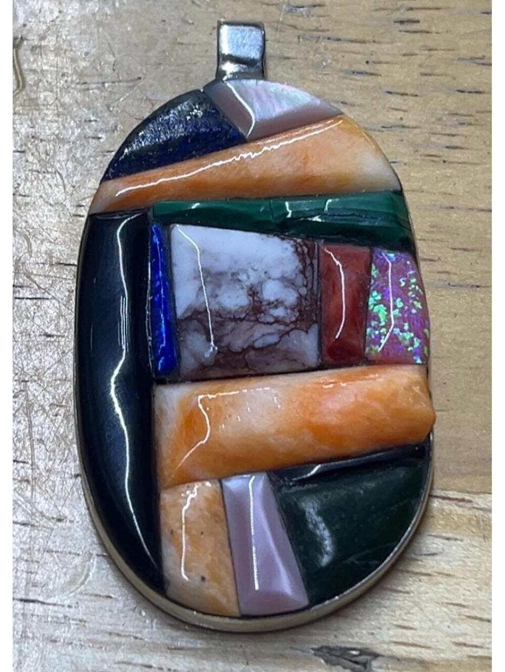 Native American Zuni sterling silver turquoise multi stone inlay pendant